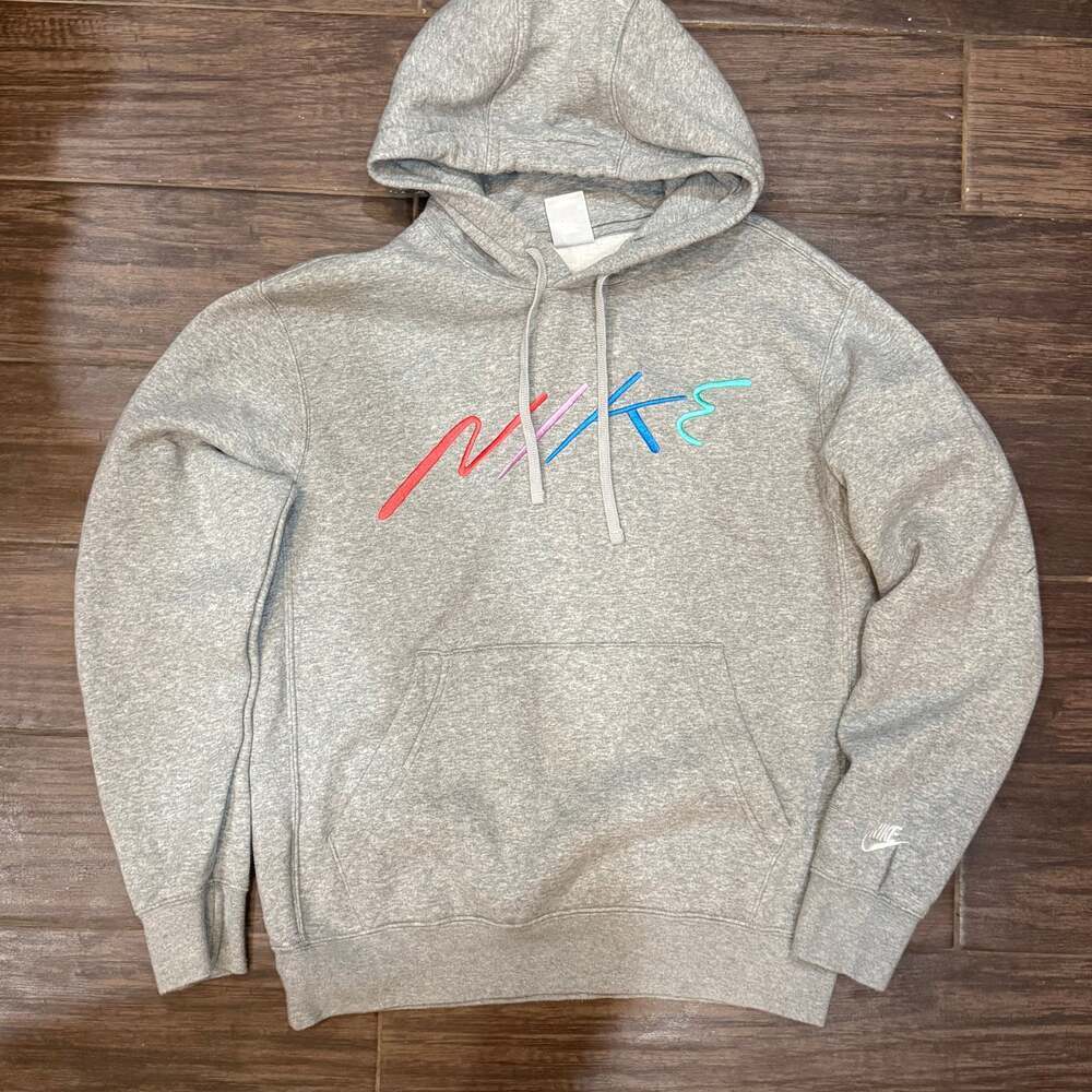 Nike Club Fleece Classic Gray Hoodie with Multicolor Logo Men's Size Small